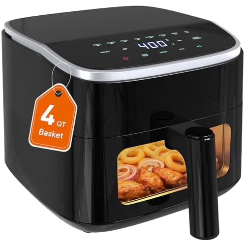KMFurnila Air Fryer 4QT, Compact Airfryer with Interior Light and Easy View Window, 8 Custom Cooking Presets & Digital Touchscreen, Nonstick Basket for Air Fry, Roast, Broil, Reheat, Dishwasher Safe