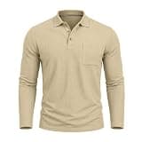 LBOVBE Men Textured Polo Shirt Long Sleeve Button Front Slim Fit Soft Pullover Fall Winter Casual Fashion Business Shirts Beige