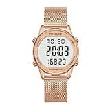 TIMEURE Women's Step Counter Pedometer Watch with Stainless Steel Bracelet, Stylish Design, No App, No Charging Needed for Step, Calorie, Distance Tracking, Alarm, Countdown Timer, TU-2401 (Rose Gold)