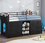 ELYKEN Low Loft Bed Twin Size with 10 Storage Drawers,Twin Loft Bed with Bookcase and LED Lights,Metal Kids Loft Bed with Safety Guardrail,Inclined Ladder & Play Curtain, Under-Bed Play Space, Black