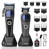 SUPRENT StormGray Professional Hair Clippers for Men - Cordless Barber Clippers & Zero-gapped Trimmer Set, Haircutting Kit with High Performance Motor, Blue Titanium-Coated Blades, Charging Stands