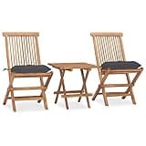 WRJENFSC 3 Piece Folding Patio Dining Set with Cushions, Solid Teak Wood Garden Furniture Set, Includes 1 Square Bistro Table and 2 Folding Chairs for Outdoor Balcony Terrace and Backyard