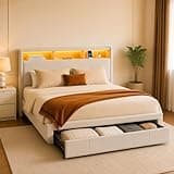 Japovker Full Size Bed Frame with 2-Tier Storage Headboard, Upholstered Platform Bed Frame with Storage Drawer, LED Lights & Charging Station, No Box Spring Needed, Easy Assembly, Beige