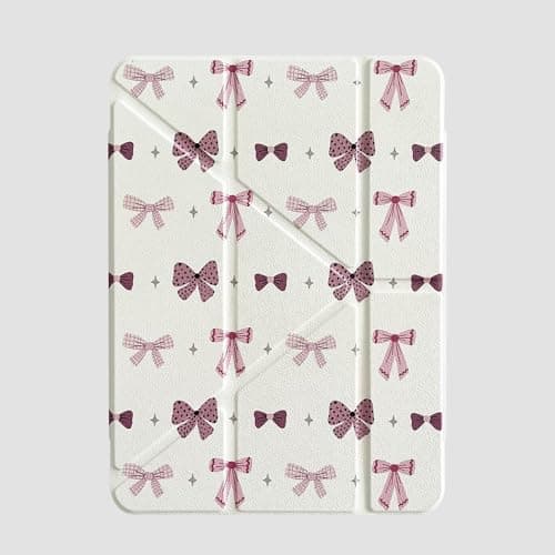 Detachable Trifold Stand Folio Case with Kickstand Pencil Holder for Apple Pink Bow Bowknot Pretty Cute Lovely Adorable Fancy Kids Girls Teens (for iPad 7th Generation 2019 10.2 Inch)