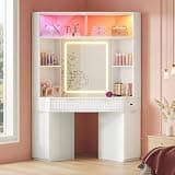HAUOMS 67" Corner Vanity Desk with 6-Tier Huge Storage, Large Makeup Vanity with LED Mirror & Power Hub, Luxury Fluted Glass Display Cabinet for Pillows/Decor, 3 Lighting Modes, Music Sync (White)