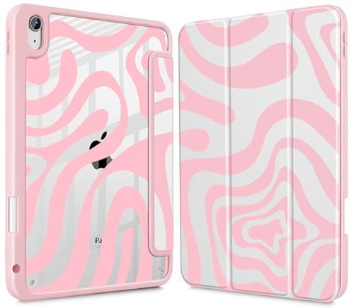 Lepeoac Case for iPad 11 inch A16 2025 Generation 11th / iPad 10.9 inch 2022 10th Gen, Buit in Pencil Holder with Shockproof Cover Clear Transparent Back Shell Auto Wake/Sleep, Pink Wave Pattern