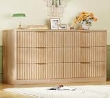 TEENFON Fluted 6 Drawer Dresser for Bedroom, Wide Modern Chest of Drawers with Metal Handle, Curved Profile Design, Wood Closet Clothes Storage Organizer for Bedroom, Hallway, Natural