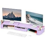 Spacrea Metal Desk Organizers and Accessories, Dual Monitor Stand Riser with Drawer and 2 Pen Holders, Desk Accessories & Workspace Desktop Organizers for Office Supplies (Purple)