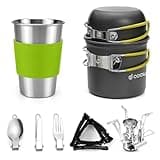 Odoland Camping Cookware Stove Carabiner Canister Stand Tripod and Stainless Steel Cup, Tank Bracket, Fork Spoon Kit for Backpacking, Outdoor Camping Hiking and Picnic,Green