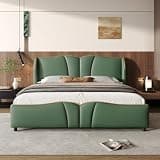 Modern PU Leather Platform Bed Frame, Dark Green, Queen Size