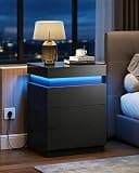 WLIVE Black LED Nightstand with Charging Station, Modern Night Stand with 3 Drawers and Sliding Top, Bedside Table End Table with Hidden Space for Bedroom, Living Room, Black