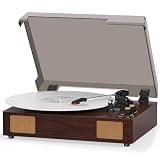MANGOSTAN Brown Vinyl Record Player with Bluetooth, 3-Speed Belt-Drive Turntable, Built-in Stereo Speakers, Portable Suitcase Design, RCA/AUX/Headphone Output, Vintage LP Player for Home Decor