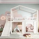 Harper & Bright Designs Twin Size House Loft Bed with Slide, Bookshelves and Built-in Wardrobe, Twin Wood Loft Bed Frame with Roof, Round Window and Arched Door for Girls, Boys, Beige