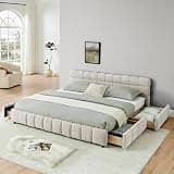 Chenille King Size Bed Frame with Storage Drawer, Beige Floor Bed Frame
