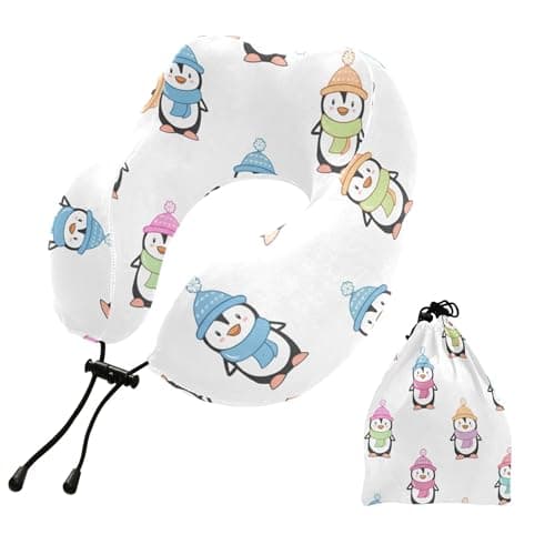 Burbuja Penguins Neck Pillow for Traveling, Memory Foam Travel Pillow for Sleeping Airplane Car Head Support, Machine Washable & Portable