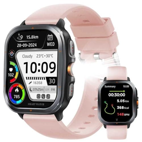 Smart Watch for Men Women, 2.01" AMOLED Fitness Tracker with Flashlight, Built-in GPS & Compass, Heart Rate/SpO2/Blood Pressure/Sleep/Stress Monitoring, 128 Sports Modes, IP68 Waterproof (Pink)