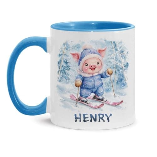 Adorable Winter Design Cup, Custom Hilarious Pig Ceramic Mug, Personalized Choose Name Playful Animal Cup 11oz 15oz, Customized Winter Themed Coffee Mug, Unique Snow Accent Cup