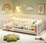 Bellemave Twin Size Floor Bed with high Rails and with Built-in Bookshelf for Kids, Girls, Boys, Wood Montessori Floor Bed Farm Style Design, Beige