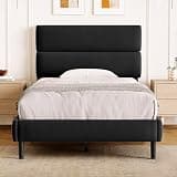 GRUSIGN Twin Size Platform Bed Frame with Velvet Headboard, Adjustable Height Wooden Slats Support, Upholstered Mattress Foundation, Fits Mattress or Mattress with Box Spring, Easy Assembly, Black