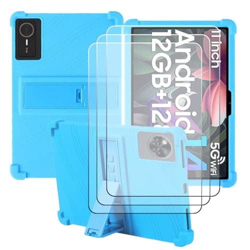 CongJiaLingXi Compatible for Hakaug A10 10.0 Inch Tablet Case + 3 Pcs Screen Protector Tempered Glass Film, Soft Silicone Full Coverage Adjustable Stand Tablet Cover, Baby Blue