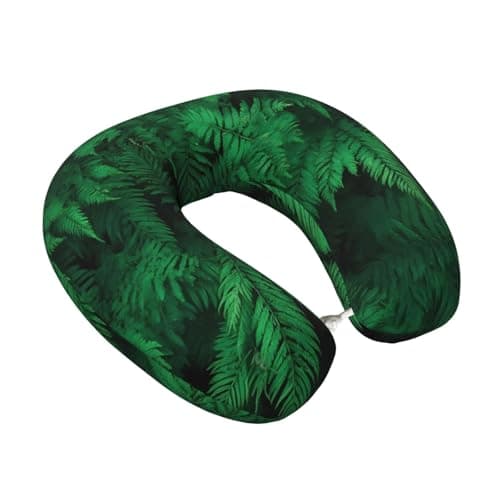 Fuzquwu Green Leave Fern Pattern Neck Pillow for Traveling Airplane,Pure Memory Foam U-Shaped Neck Pillows for Flight Headrest Sleep