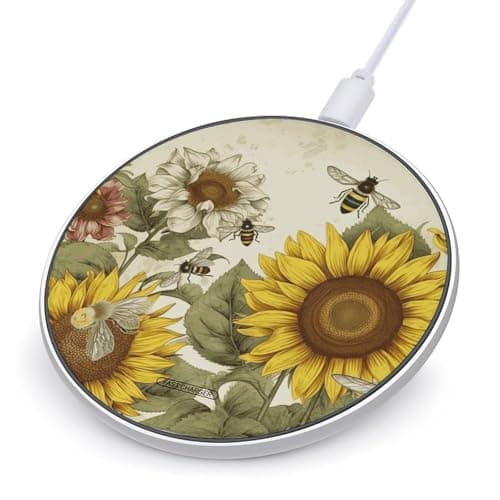 Bees Sunflowers Daisy Rose Flowers Wireless Charger Fast Wireless Charging Pad with USB Cable 10W Anti-Slip Magnetic Wireless Charger Portable Slim Charger Puck Travel Charging Station