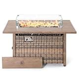 Nuu Garden 43 Inch Propane Fire Pit Table CSA Listed 50000 BTU Gas Fire Pit with Lid Glass Wind Guard Fire Glass Beads 2 in 1 Rectangular Outdoor Fire Table for Backyard Patio Brown