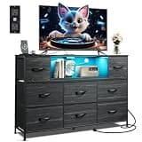 WLIVE Black Dresser TV Stand for 45, 50, 55 inch TV, Entertainment Center with LED Lights & Charging Station, Chest of Drawers with 8 Fabric Drawers and Open Shelves for Living Room, Hallway, Wood Top