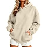 Womens Hooded Sweatshirt Long Sleeve Front Seam Soft Oversized Hoodie Fall Winter Casual Lounge Pullover Tops 2026 Beige