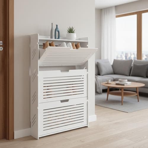 Fufiea 3-Tier Shoe Cabinet for Entryway – White Modern Shoe Storage with Slatted Doors, Top Shelf – Space-Saving, Easy Assemble PVC Organizer for Home, Dorm, Apartment