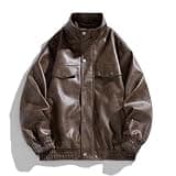 LBOVBE Men PU Leather Bomber Jacket Stand Collar Snap Button Loose Coat Fall Winter Trendy Street Outerwear with Pockets