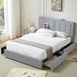 VECELO Full Size Bed Frame with 4 Drawers, Adjustable Tufted Button Headboard, Upholstered Platform with Wood Slats Support, Built-in USB and Type C Ports, Light Grey