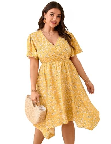 ShopWonder Women Plus Size Wrap V Neck Midi Dress Short Sleeves High Waist Irregular Hem Summer Casual Dress 2025 Yellow White XL