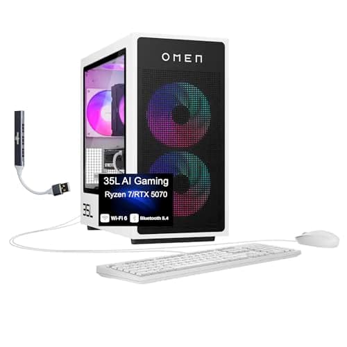 HP OMEN 35L AI Gaming Desktop PC (AMD Ryzen 7 8700F, GeForce RTX 5070 12GB GDDR7, 32GB DDR5, 4TB PCIe SSD, RGB Fans, 850W PSU, WiFi 6, Bluetooth 5.4, RJ-45, Win 11 Home) w/DKZ USB Port Expander