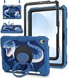 Uppuppy for iPad A16 Case 2025 11 inch/for iPad 10th Generation Case - Rugged Heavy Duty Shockproof Protective Cover with Pencil Holder, Rotating Stand, Shoulder Strap for Kids, Boys, Blue Dinosaur