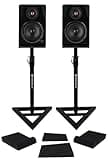 Rockville APM6B V2 Bundle: (2) 6.5-in 400W Peak/100W RMS Active Powered Studio Speakers-Black, Pair of RVSM1 Near-Field Stands, Pair of RRS190S Foam Isolation Pads, 3-Items
