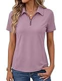 LOMON Women Quick Dry UPF 50+ Golf Shirt Short Sleeve Sun Protection Tops for Tennis Soft V Neck Shirt (Gray Purple L)