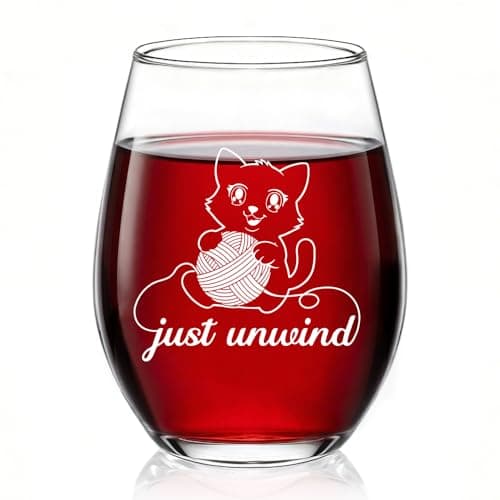 Haizct Just Unwind Stemless Wine Glass, Cute Kitten Wine Glass for Women, Anniversary Cat Lover Gifts for Wife Pet Owner Family Friend, Birthday Thank You Gifts for Cat Mom Knit and Crochet Lover