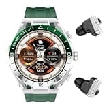 APOYOU 2 in 1 Smart Watch with Earbuds, 1.52" IPS Colorful Full Touch Screen Bluetooth Smartwatch for Men Women, Long Time Standby Men Women Sports Smart Watch Fitness Tracker (Silver+Green)