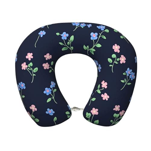 OSAM SPACE Small Blue Pink Flowers Travel Neck Pillow for Sleeping Neck Support Memory Foam Airplane Pillow U Shaped Pain Relief Pillows for Flight Train Car Office