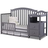 Pemberly Row Transitional Crib and Changer, Gray Finish, 46" H x 73" W x 30" D, Open Shelf and 2 Drawers, Converts to Toddler Bed, Daybed, Full-Size Bed, Sleek Modern Nursery Furniture