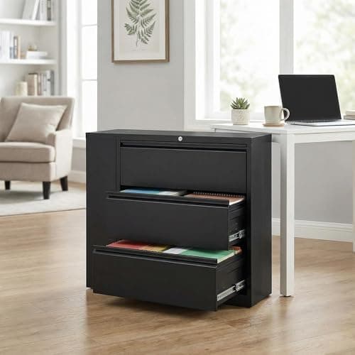 GarveeHome MNS-40 Inch 3 Drawer Metal Filing Cabinet with 0.6mm Thick Coated Cold Rolled Steel, Left Corner Business Card Slot, and Black Office Storage Cabinet