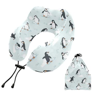 SPRIPORT Winter Penguins Ice Print Travel Neck Pillow for Sleeping Airplane Memory Foam Neck Support Pillow with Storage Bag Airplane Pillow for Adults Kids Long Flight Car Train Bus Home Office