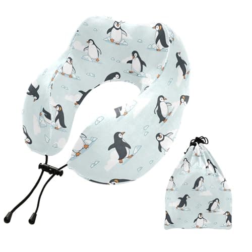 SPRIPORT Winter Penguins Ice Print Travel Neck Pillow for Sleeping Airplane Memory Foam Neck Support Pillow with Storage Bag Airplane Pillow for Adults Kids Long Flight Car Train Bus Home Office