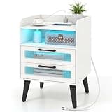 KOMFOTT Nightstand with Charging Station and LED Lights, Mid Century Modern Bedside Table with Open Shelf and 2 Fluted Drawers, Storage End Table for Bedroom (White,1)