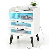KOMFOTT Nightstand with Charging Station and LED Lights, Mid Century Modern Bedside Table with Open Shelf and 2 Fluted Drawers, Storage End Table for Bedroom (White,1)