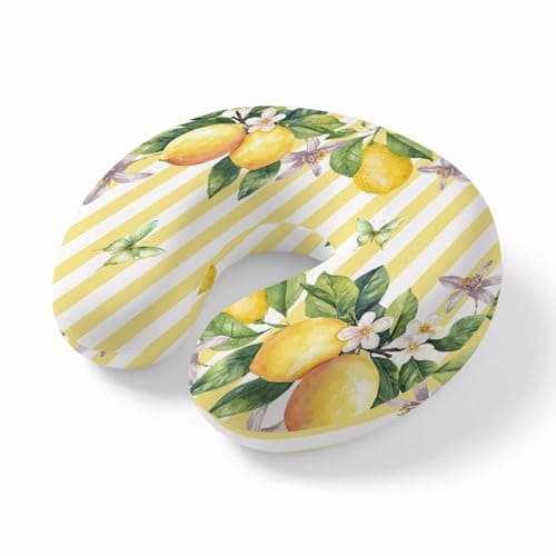 Lemon Flower Travel Neck Pillow Memory Foam,Hand Neck Support Airplane Pillow for Traveling Bed Car Office Home,Yellow Vertical Stripes Butterfly Farmhouse Flight Pillows with Removable Cover