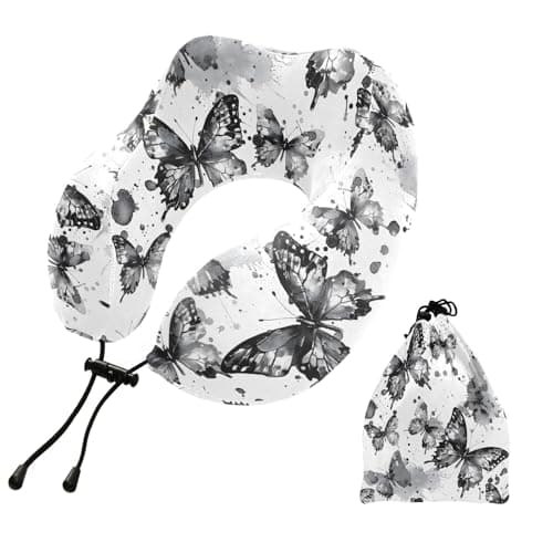FENOCHE Gray Butterflies Pattern Memory Foam Travel Neck Pillow Ergonomic Neck Support Cushion Portable Plane Accessories for Airplane Car Office Sleep Rest