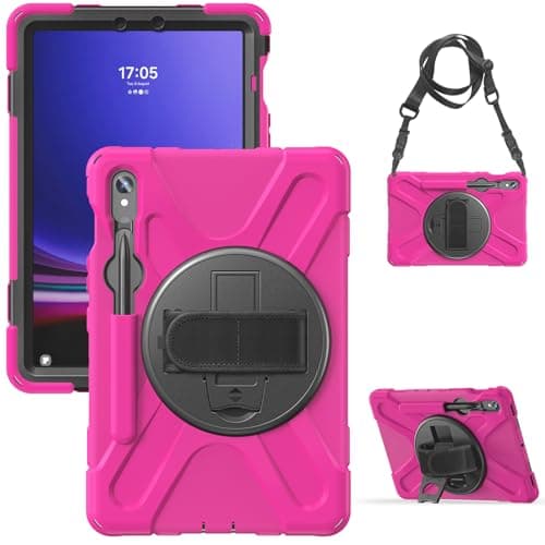 Compatible with Samsung Galaxy Tab S10 FE 10.9" (SM-X520/X526B/X528U) 2025 Case with Pen Holder,Military Grade Shockproof Protective Cover Hand Strap&Shoulder Strap Swivel Kickstand Cover(Rose red)