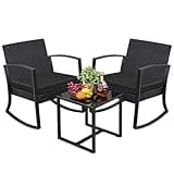 Greesum 3 Pieces Outdoor Furniture Set Patio Bistro Rocking Chairs with Glass Coffee Table for Pool Beach Backyard Balcony Porch Deck Garden, Dark Black